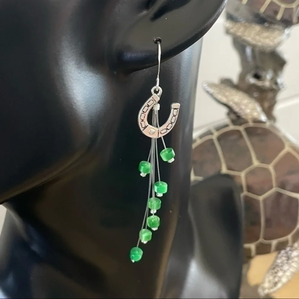 $10 SALE Lucky Horseshoe Statement Earrings Green Mixed Metal 3” Long - Picture 4 of 4